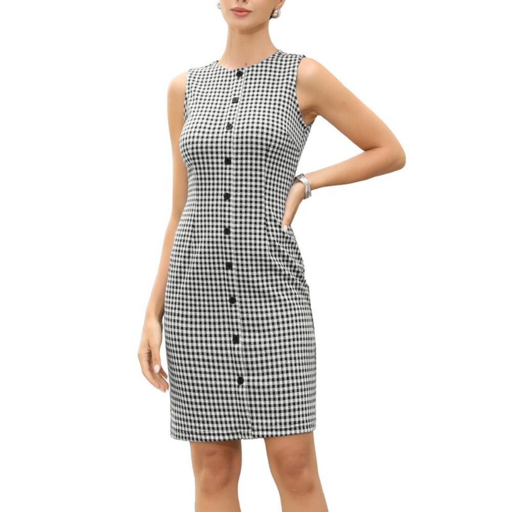 Women's Sleeveless Plaid Dress Round Neck Business Casual Midi Dress Black